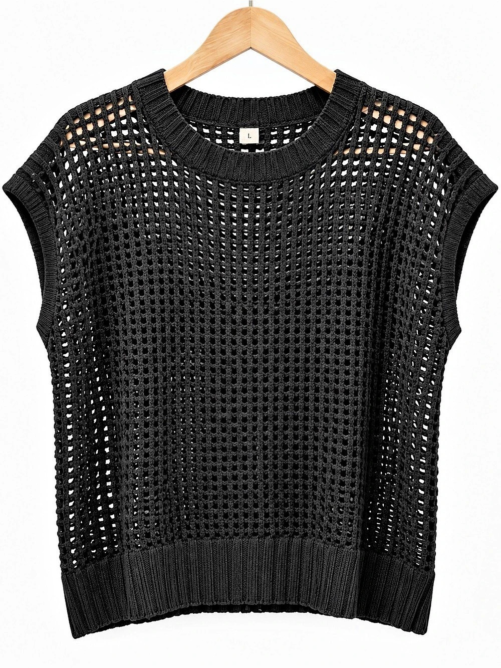 Women’s Black Open Knit Crochet Sweater Vest Top Size Large Like New